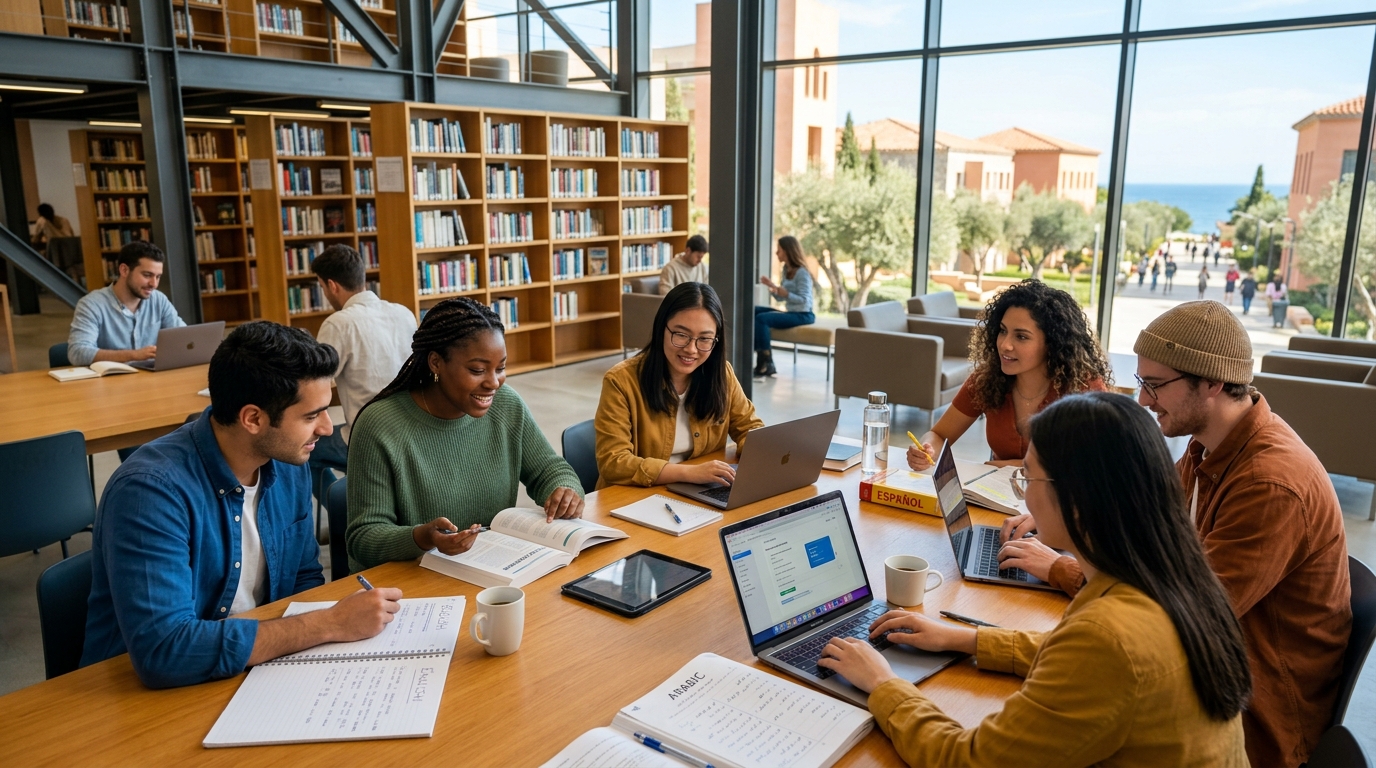 Estudiantes en el aula y biblioteca aprendiendo idiomas en IDIOMAS CEUTA